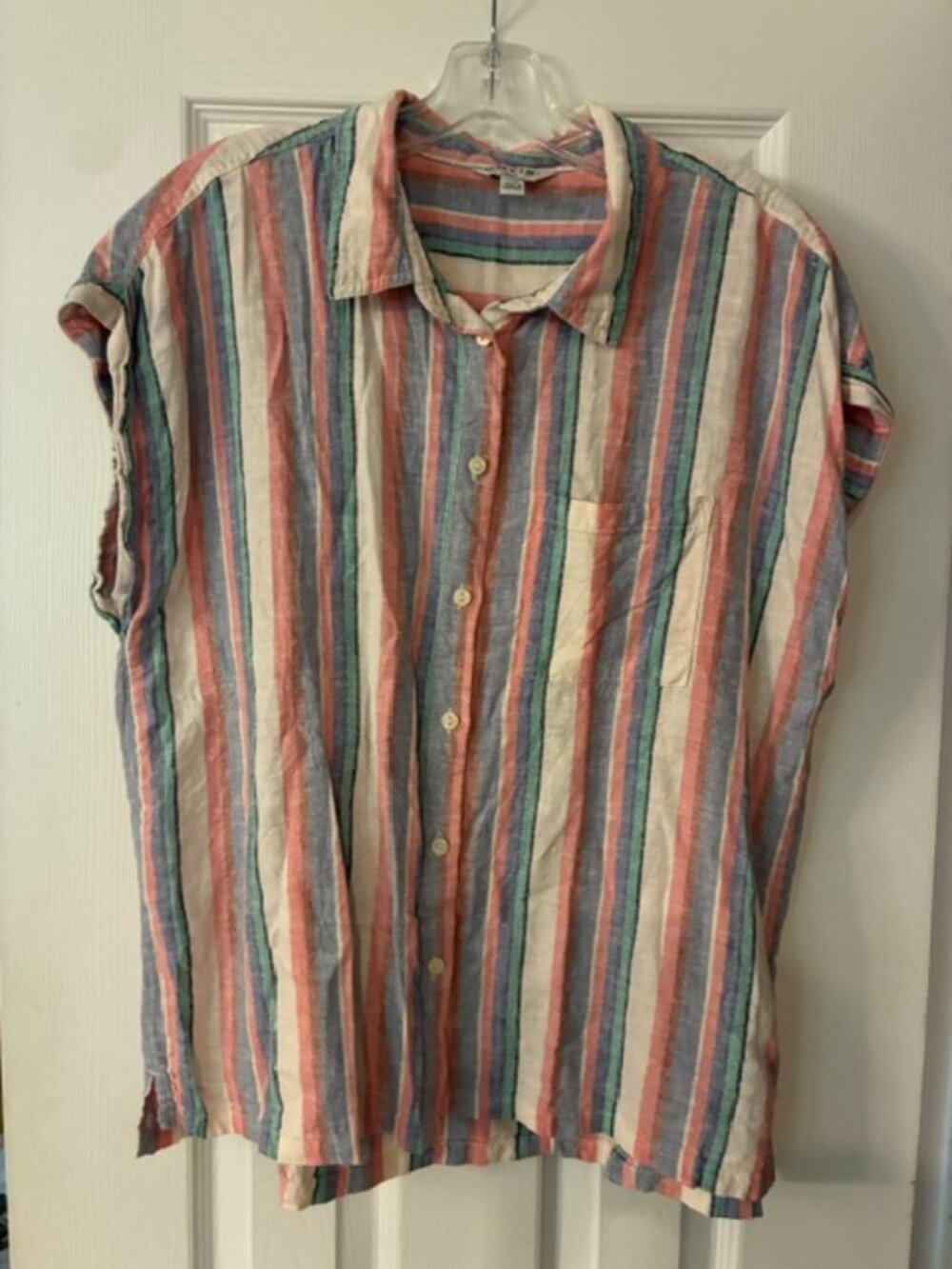 Orvis Women's Striped Linen Blend Sleeveless Button Up Collar Shirt Top Size L